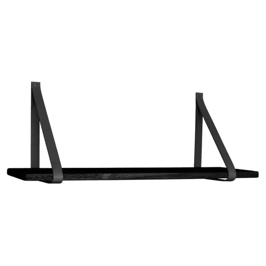 Zwarte wandplank met leren riemen - 120x20 cm